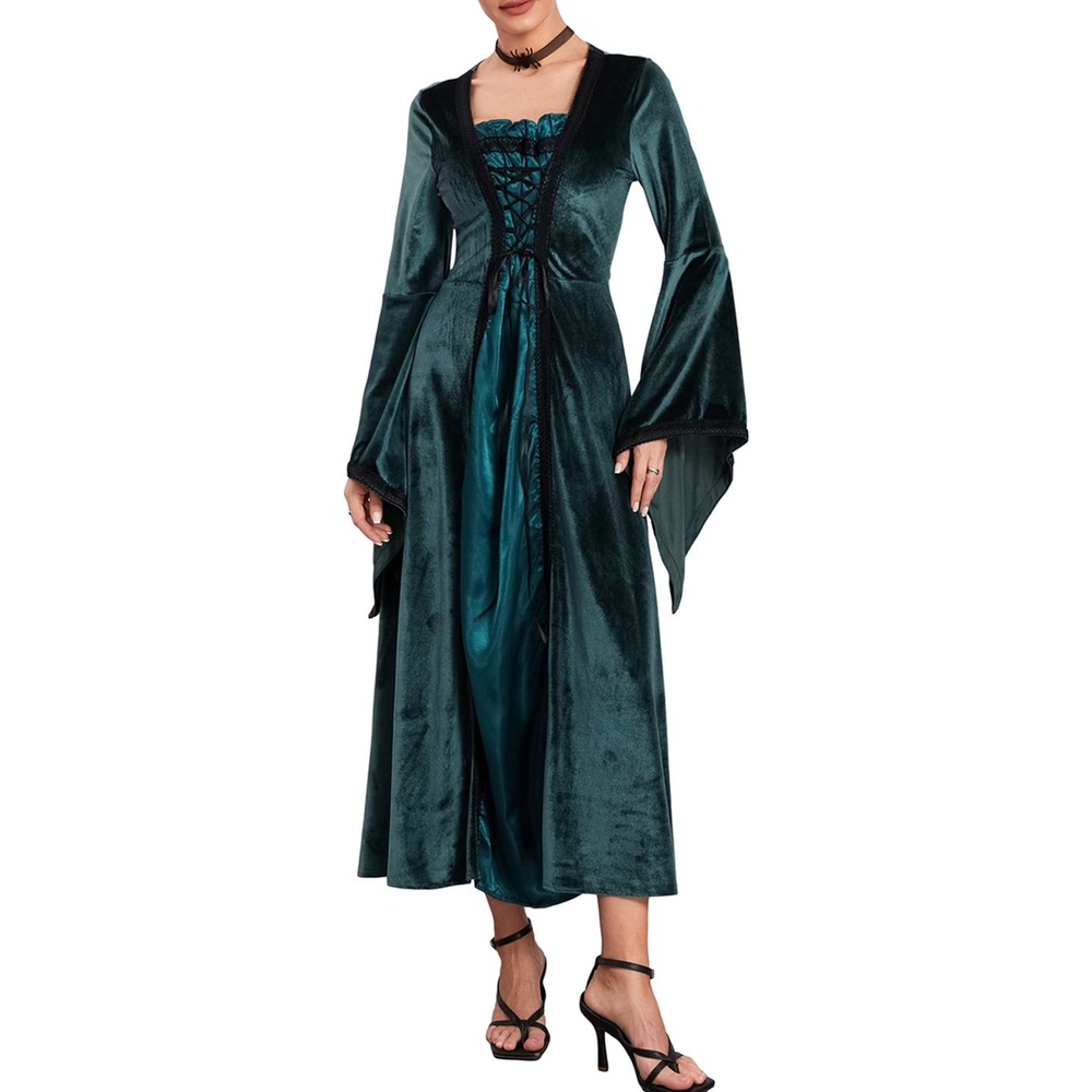 Womens Costume Long Sleeve Lace Up Medieval Renaissance Dress Velour Green M